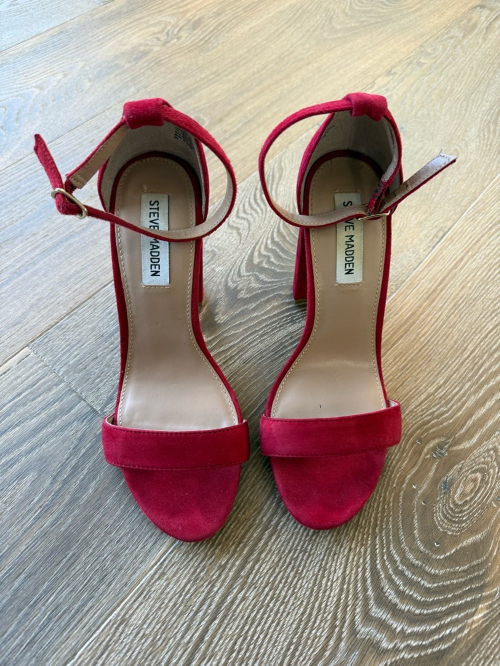 STEVE MADDEN Carrson Red Suede Ankle-Strap Block Heel Sandals